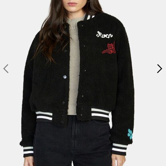 RVCA Jacket Sz 8 Small Love Rainbow Black Dream Team Letterman Patch Sherpa $160 - Picture 1 of 13